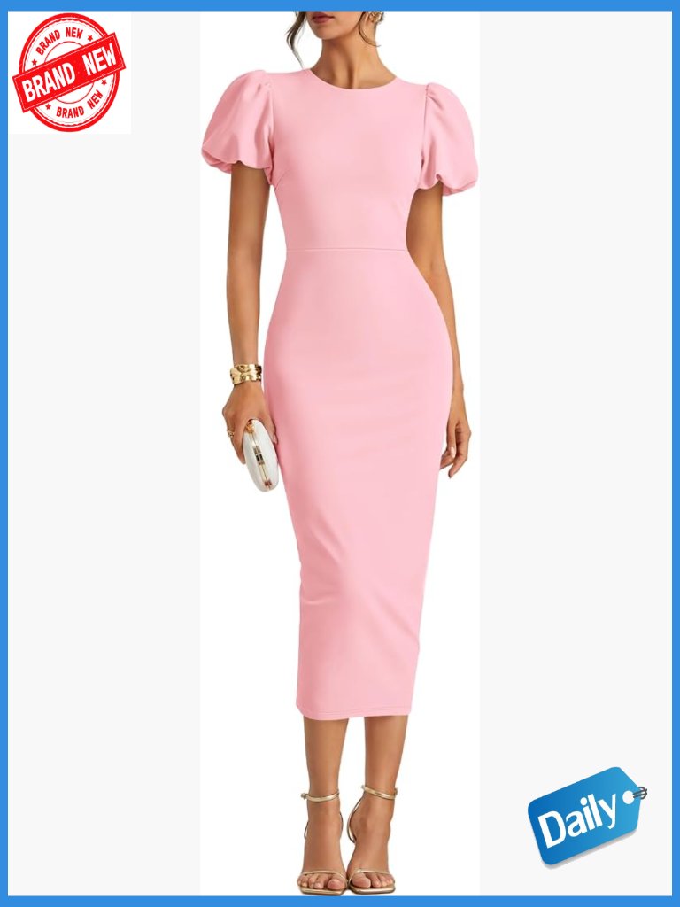 Stretch Knit Midi Bodycon Dress With Puff Sleeves Back Zipper
